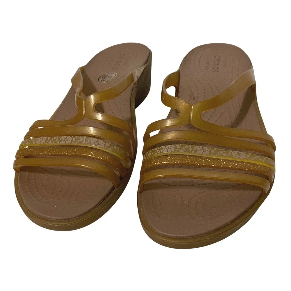 Crocs Isabella Strappy Mini Wedge Sandals Bronze Gold Glitter Slides Womens 7